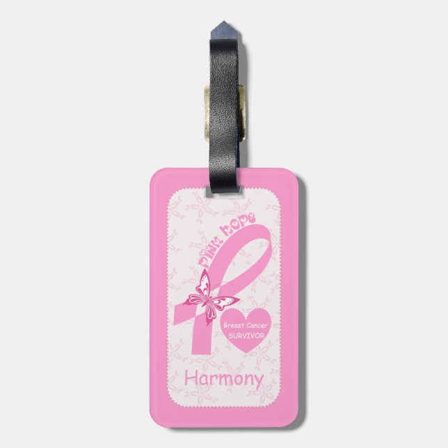 Pink Ribbon Breast Cancer survivor & pink border Gepäckanhänger (Rückseite vertikal)