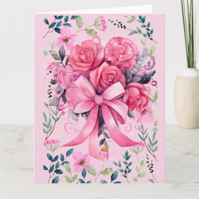 Pink Ribbon Brustkrebs Bewusstsein mit Blume Karte (Vorderseite)