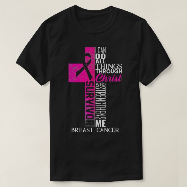 Pink Ribbon Brustkrebs Überleben Christliches Kreu T-Shirt (Design vorne)