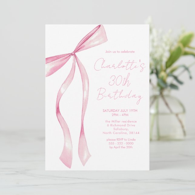 Pink Ribbon Elegant 30th Birthday Invitation Einladung (Stehend Vorderseite)