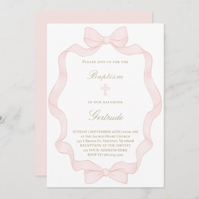  pink ribbon frame Baptism Invitation Einladung (Vorne/Hinten)