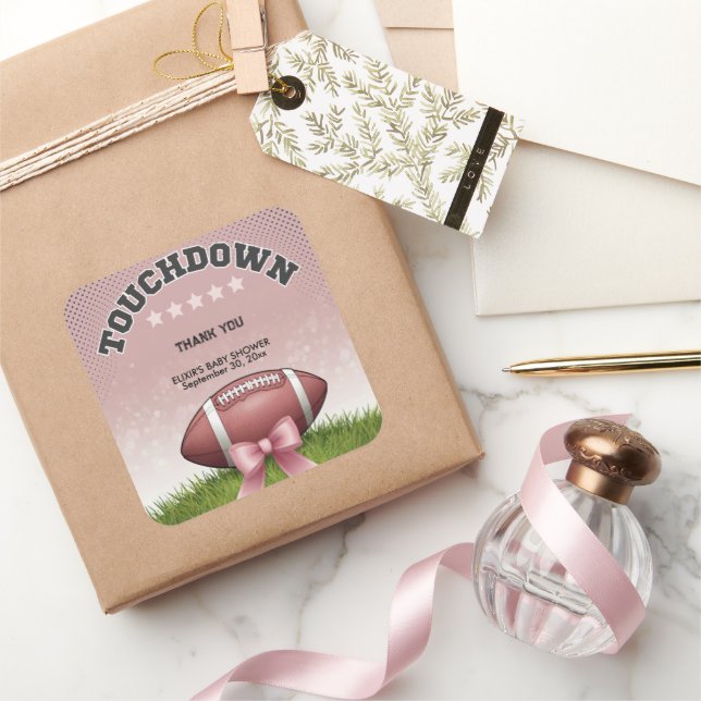 Pink Ribbon Fußball Touchdown Baby Dusche Quadratischer Aufkleber (Schenken)