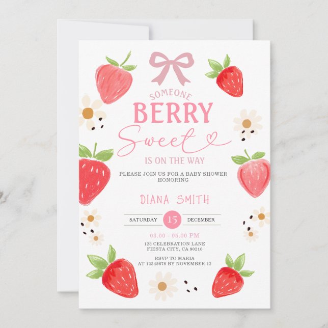 PINK Ribbon Gingham Strawberry Baby Shower Einladung (Vorderseite)