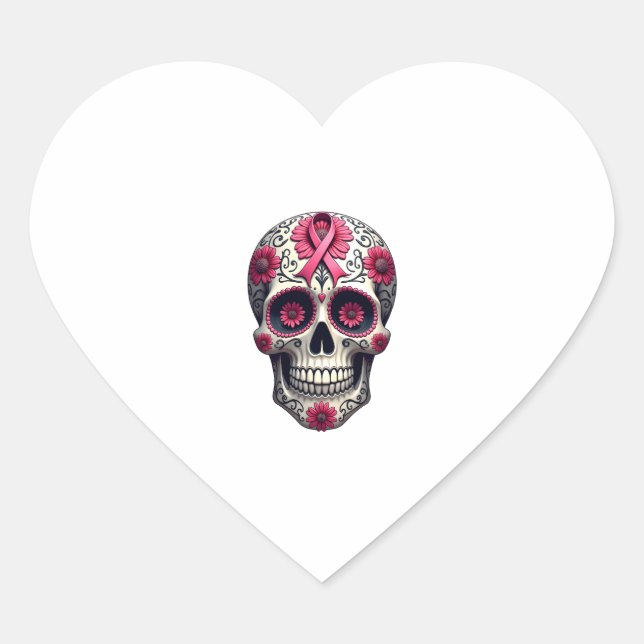 Pink Ribbon Sugar Skull Calavera Breast Cancer Awa Herz-Aufkleber (Vorderseite)