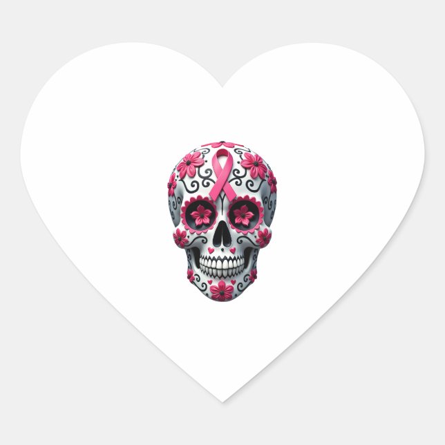 Pink Ribbon Sugar Skull Calavera Breast Cancer Awa Herz-Aufkleber (Vorderseite)