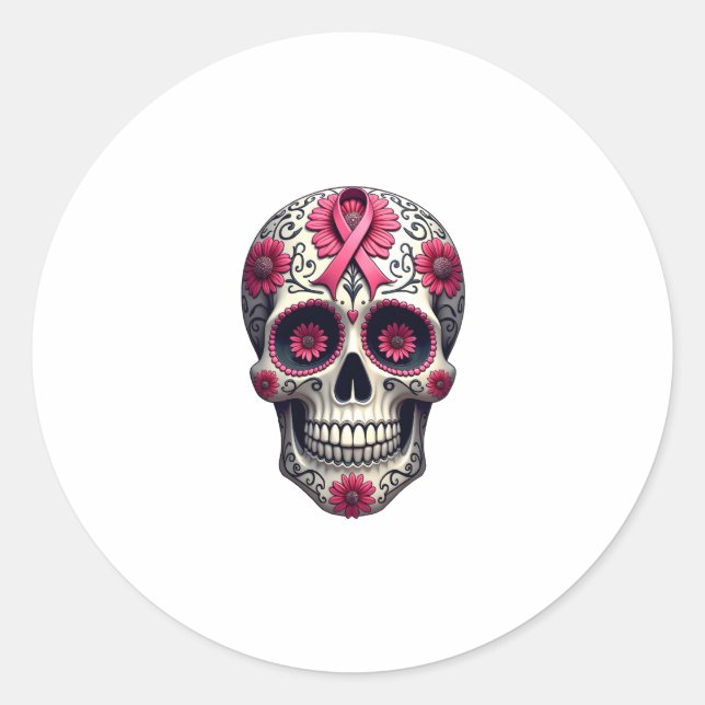 Pink Ribbon Sugar Skull Calavera Breast Cancer Awa Runder Aufkleber (Vorderseite)