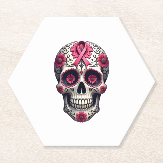 Pink Ribbon Sugar Skull Calavera Breast Cancer Awa Untersetzer (Vorderseite)