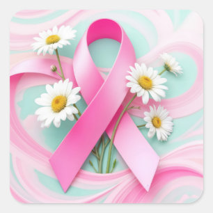 Pink Ribbon und Daisies Brustkrebs Bewusstsein Quadratischer Aufkleber
