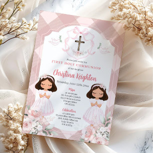 Pink Ribbon Wappen Twins Girl First Holy Communion Einladung