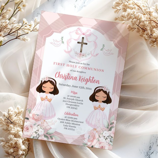 Pink Ribbon Wappen Twins Girl First Holy Communion Einladung (Von Creator hochgeladen)