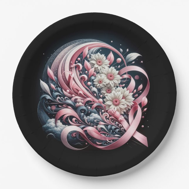 Pink Ribbons und Daisy Bouquet Pappteller (Vorderseite)