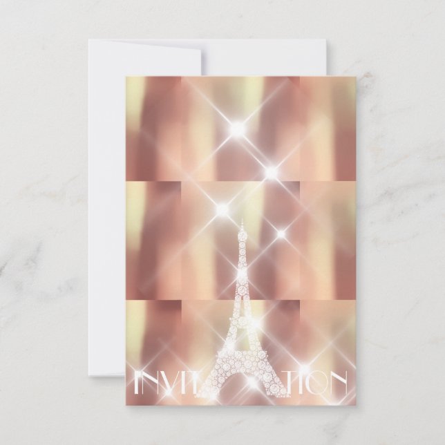 Pink Rise Eiffel Tower Paris Funkelnd Stars Kupfer Einladung (Vorderseite)