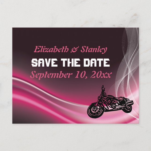 Pink Road Biker Hochzeit Save the Date Postcard Ankündigungspostkarte (Vorderseite)