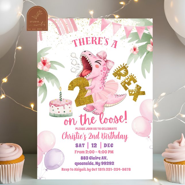 Pink Roaring Dinosaur 2-rex birthday Invitation Einladung (Von Creator hochgeladen)