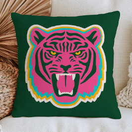 Pink Roaring Tiger Head Funky Maximalist Wild Cat Kissen