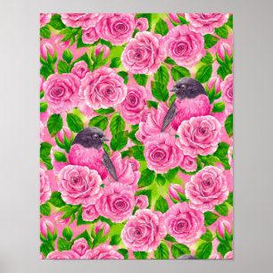 Pink Robin and roses Poster