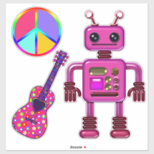 Pink Robot Guitar und Peace Sign Niedlich Aufkleber