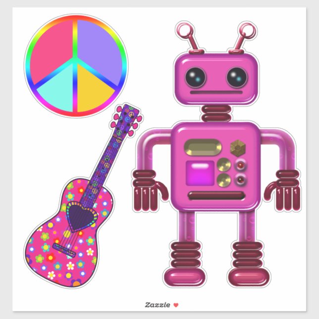Pink Robot Guitar und Peace Sign Niedlich Aufkleber (Blatt)