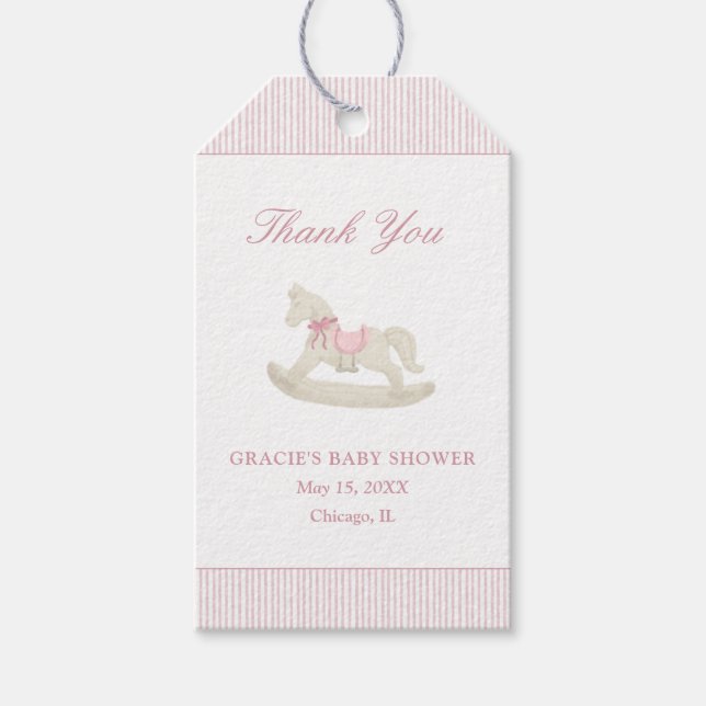 Pink Rocking Horse Girl Babydusche Danke Geschenkanhänger (Vorderseite)