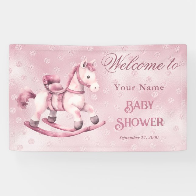 Pink Rocking Horse Kinderdusche Willkommen Banner (Horizontal)