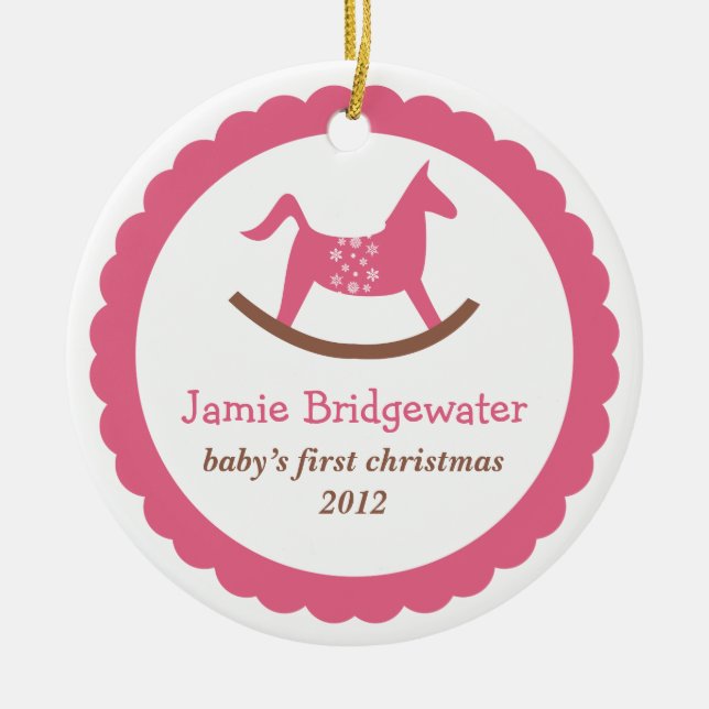 Pink rocking toy horse baby's first christmas keramik ornament (Vorne)
