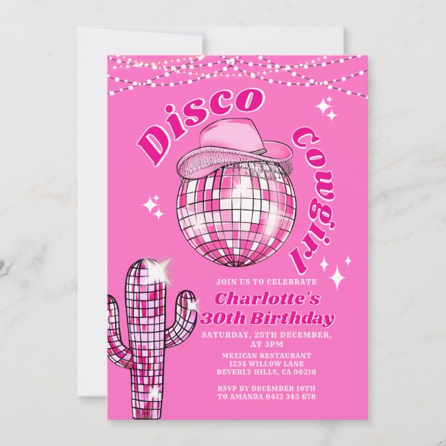 Pink Rodeo Disco Cowgirl Bling Cactus Birthday Einladung (Vorderseite)