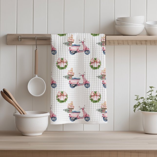 Pink-Roller-Christmas-Einkaufstrip Geschirrtuch (Pink Scooter Christmas Shopping Trip Kitchen Towel)