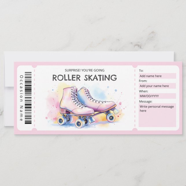 Pink Roller Skating Ticket Gift Certificate Einladung (Vorderseite)