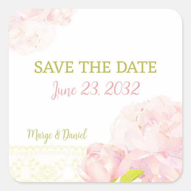 Pink Romance Peony Wedding Save the Date Quadratischer Aufkleber (Vorderseite)