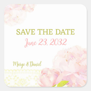 Pink Romance Peony Wedding Save the Date Quadratischer Aufkleber