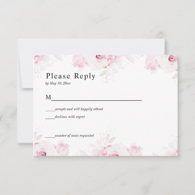Pink Romantic Roses Elegant White RSVP Card (Vorderseite)