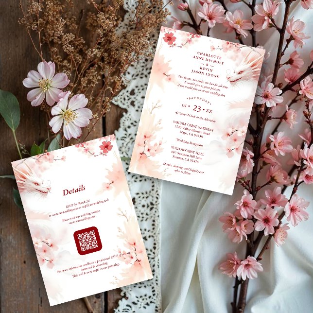 Pink Romantic Sakura & Japanese White Dragon Einladung (Pink Shades Romantic Sakura and Japanese White Dragon Wedding Design Invitation Cards with QR Code.)