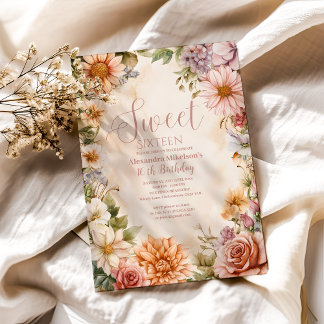 Pink Romantische Wildblumen Pastell Sweet 16 Einladung
