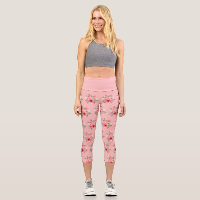 Pink rosa Roses Bouquet Muster Capri Leggings (Vorderseite)