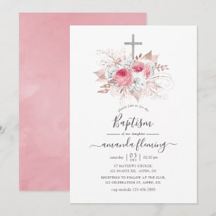 Pink-Rosa und Roségold Blumen-Taufe Einladung
