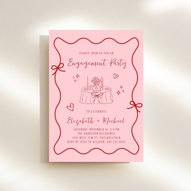 Pink-rosa-Wavy-Frame-Engagement-Partei Einladung (Whimsical pink + red engagement party invitation to set the tone for an unforgettable event)