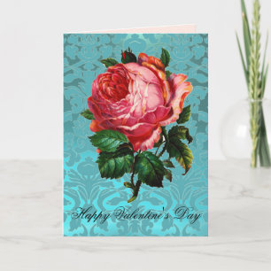 PINK ROSE AM AQUA BLUE DAMASK Valentinstag Feiertagskarte