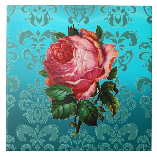 PINK ROSE AUF AQUAMARINEM BLAUE DAMASK Keramik Til Fliese (Vorderseite)