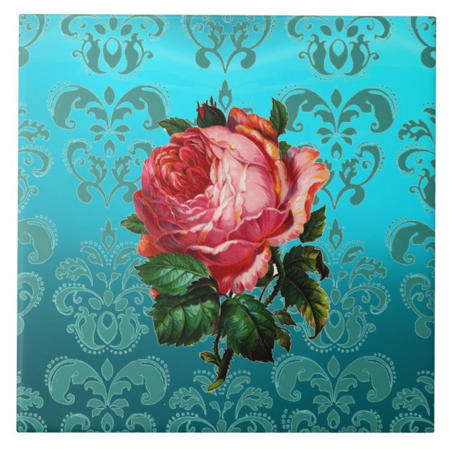 PINK ROSE AUF AQUAMARINEM BLUE DAMASK FLIESE (Vorderseite)
