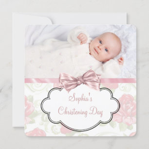 Pink Rose Baby Girl Foto Christening Einladung