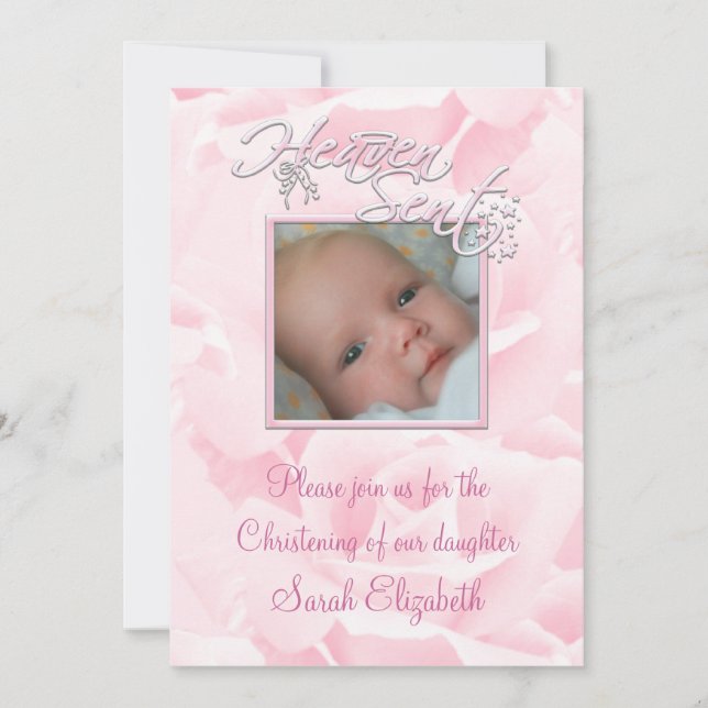 Pink Rose Baby Girl Foto Christening Einladung (Vorderseite)