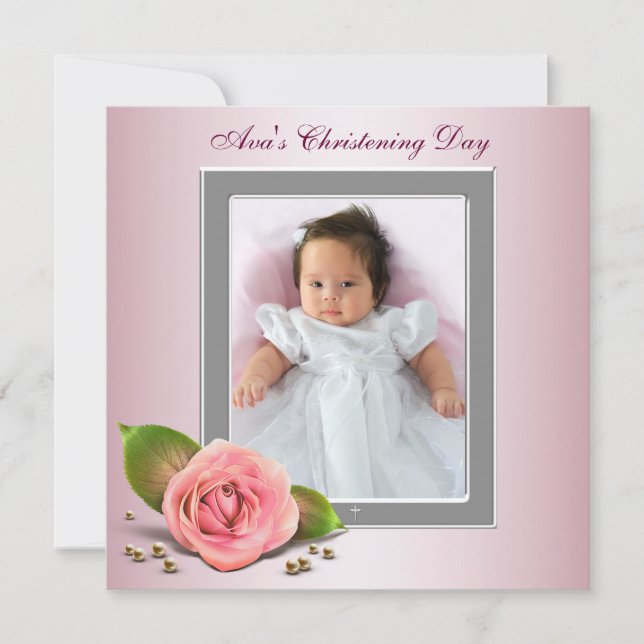 Pink Rose Baby Girl Foto Christening Einladung (Vorderseite)