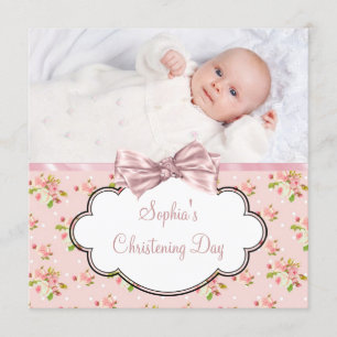 Pink Rose Baby Girl Foto Christening Einladung