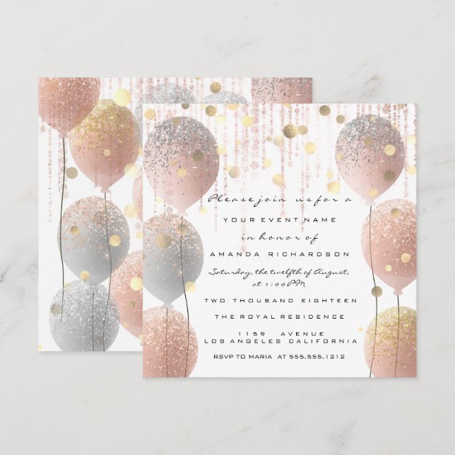 Pink Rose Ballon Sweet 16. Bridal White Bridal Einladung (Vorne/Hinten)