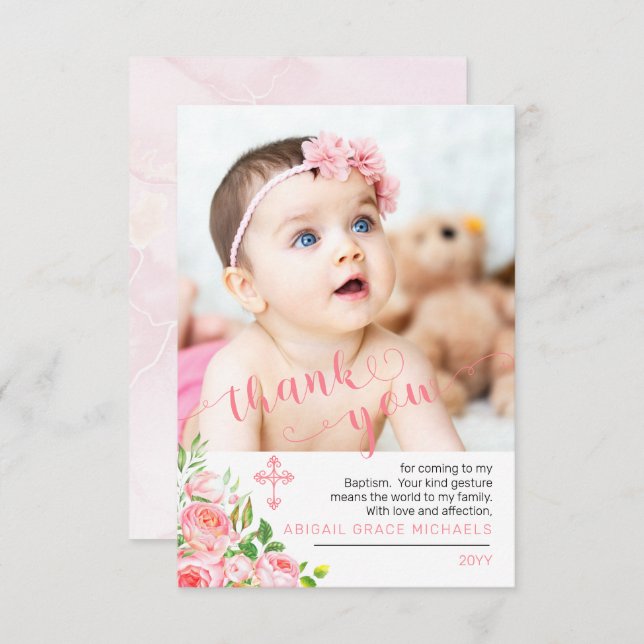 Pink Rose Blooms Taufe Foto Vielen Dank Dankeskarte (Vorne/Hinten)