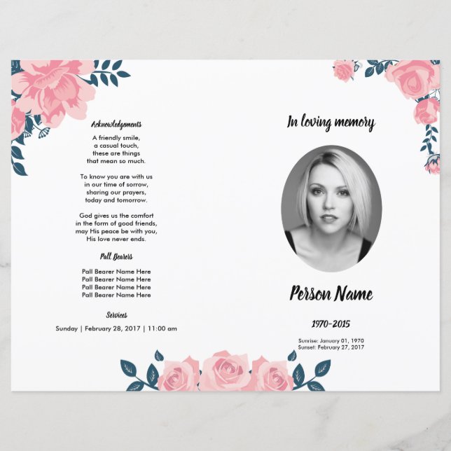 PINK ROSE BLUME | Vorlage des Beerdigungsprogramms (Vorderseite)