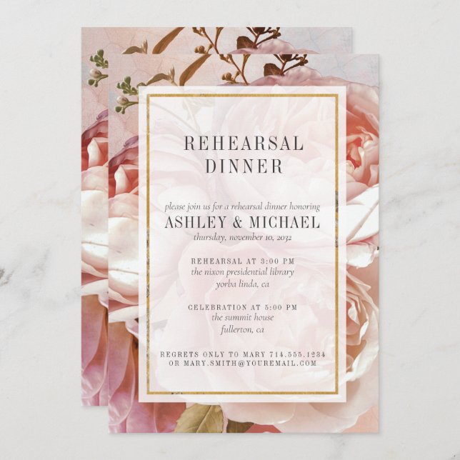 PINK ROSE BOUQUET Elegante Probe Abendessen Einladung (Vorne/Hinten)