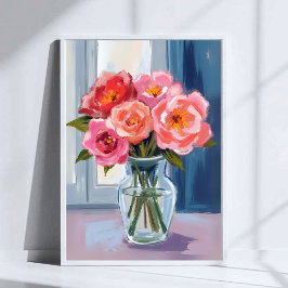 Pink Rose Bouquet Glass Vase Romantic Floral Poster