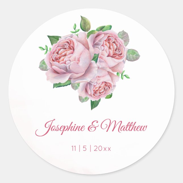 Pink Rose Bouquet Wasserfarbe Hochzeitskleber Runder Aufkleber (Vorderseite)