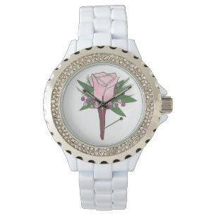 Pink Rose Boutonniere Floral Prom Wedding Watch Armbanduhr